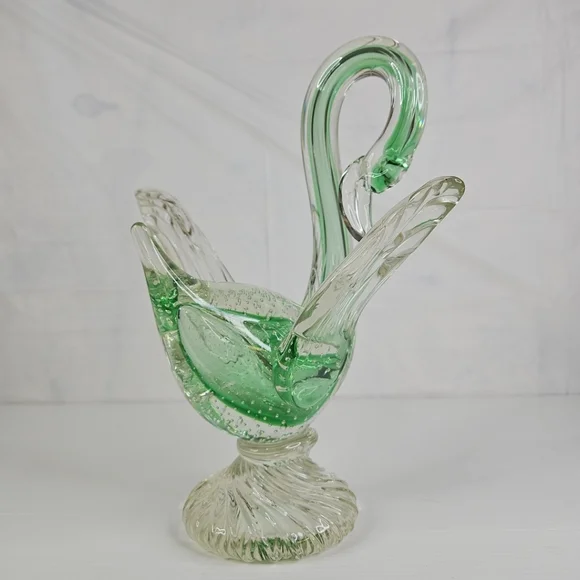 Vintage Murano Art Glass Swan Bird Clear and Green Italy Very Rare Pieces